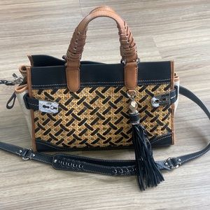 Rafe New York leather, canvas & wicker handbag.